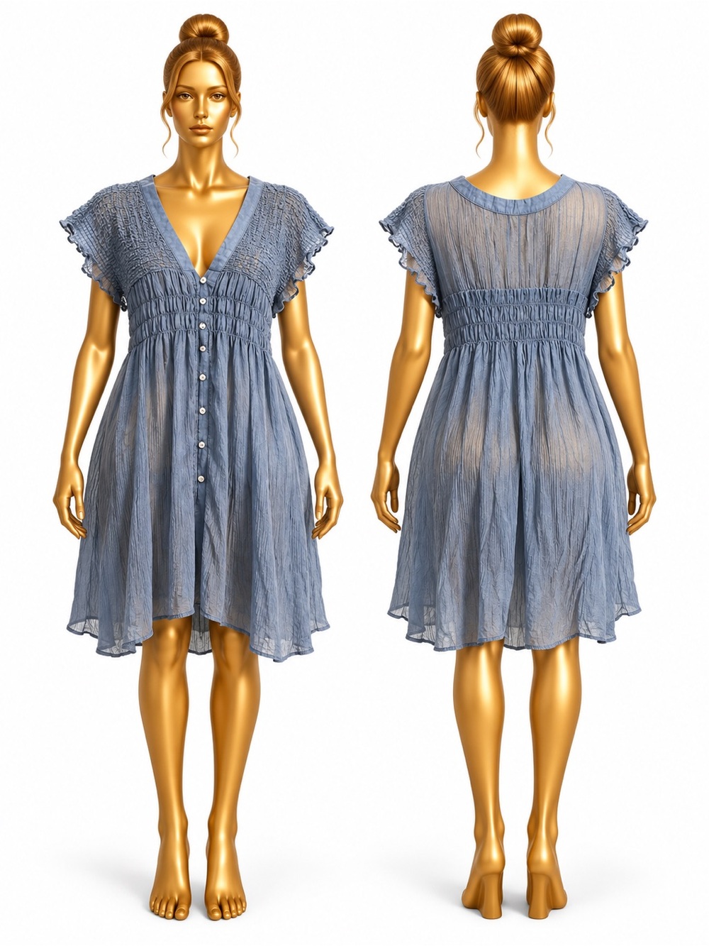 Lightweight Blue Button-Front Pajama Cover Dress